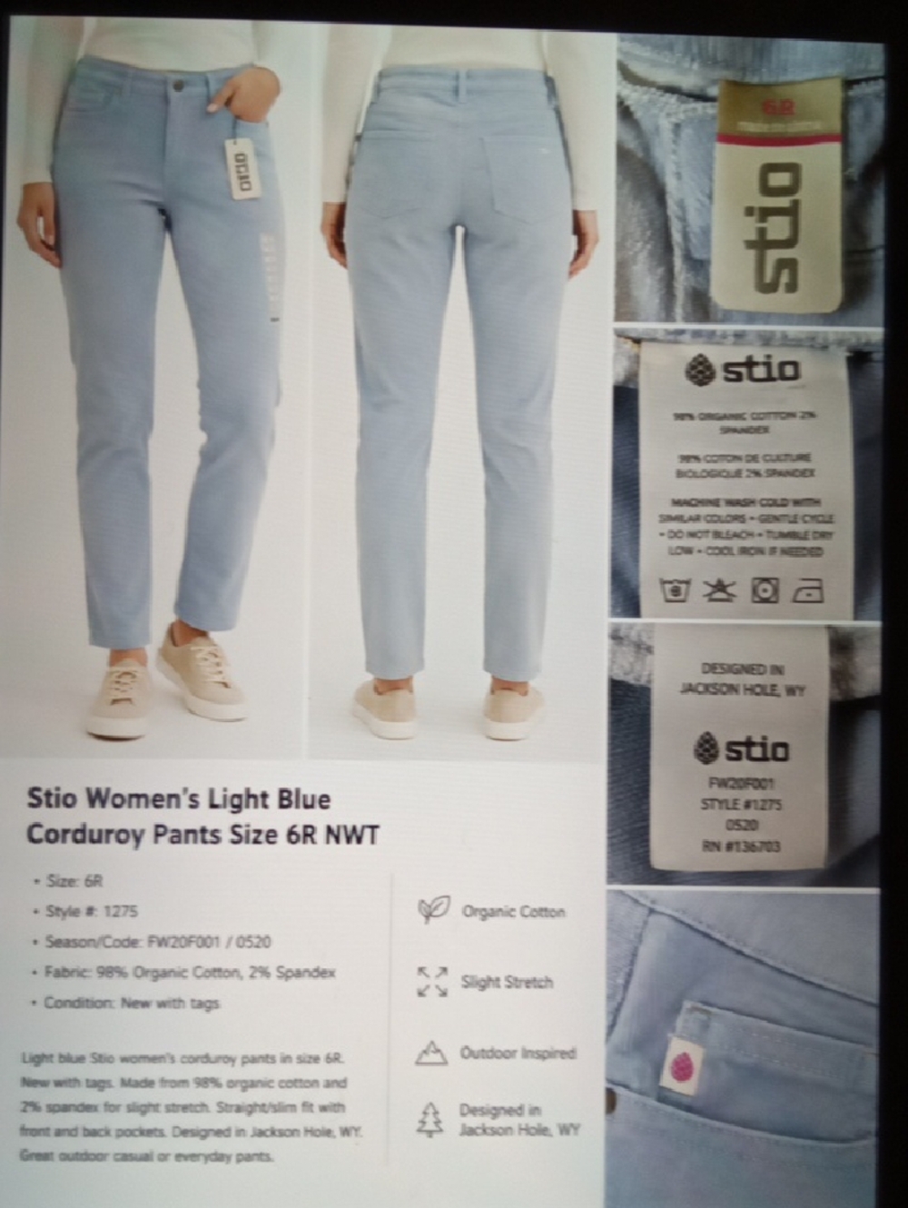 Stio Womens Rivet Cords Corduroy Midnight Lupine Organic Cotton 6R
